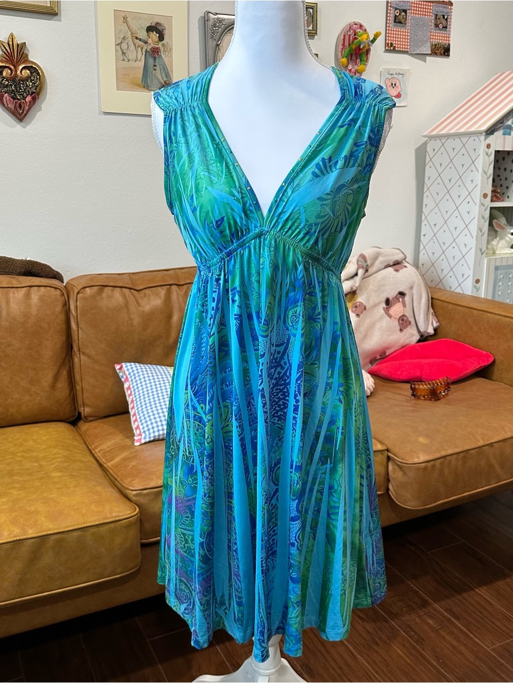 Blue-Green V-Neck Sleeveless Summer Tropical Dress
